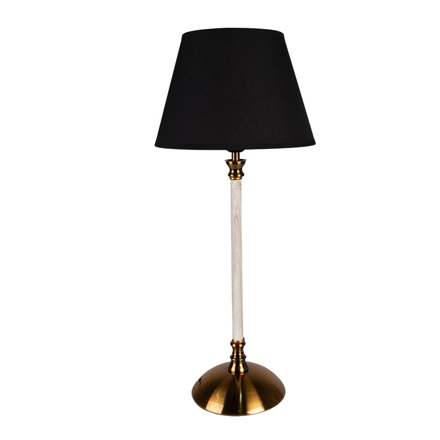 HAES DECO - Tafellamp - Dramatic Chic - Vintage / Retro Lamp, formaat Ø 22x53 cm - Goudkleurig / Wit met Zwarte Lampenkap - Bureaulamp, Sfeerlamp, Nachtlampje