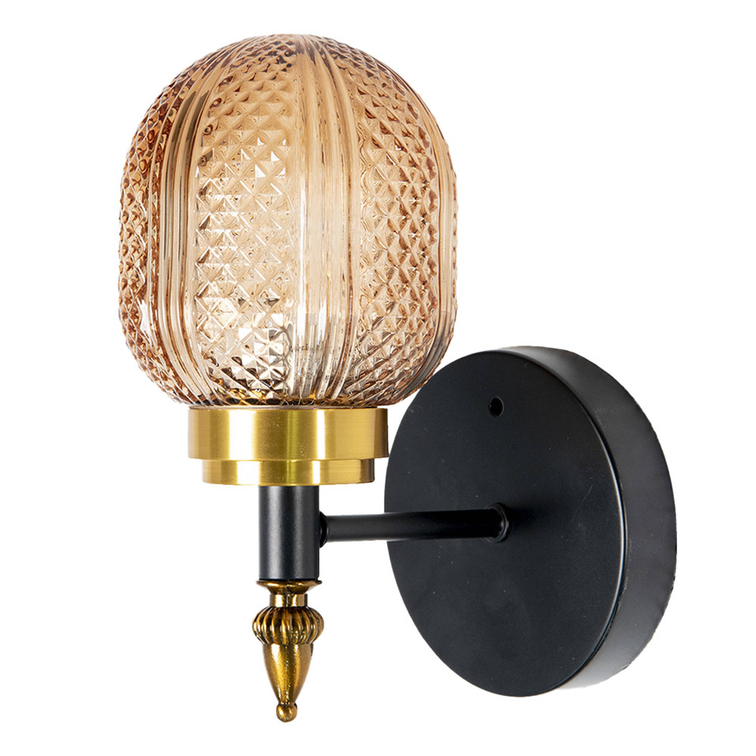 HAES DECO - Wandlamp - Modern Chic - Stijlvolle Lamp, formaat 13x15x23 cm - Goudkleurig / Zwart Metaal en Glas - Muurlamp, Sfeerlamp