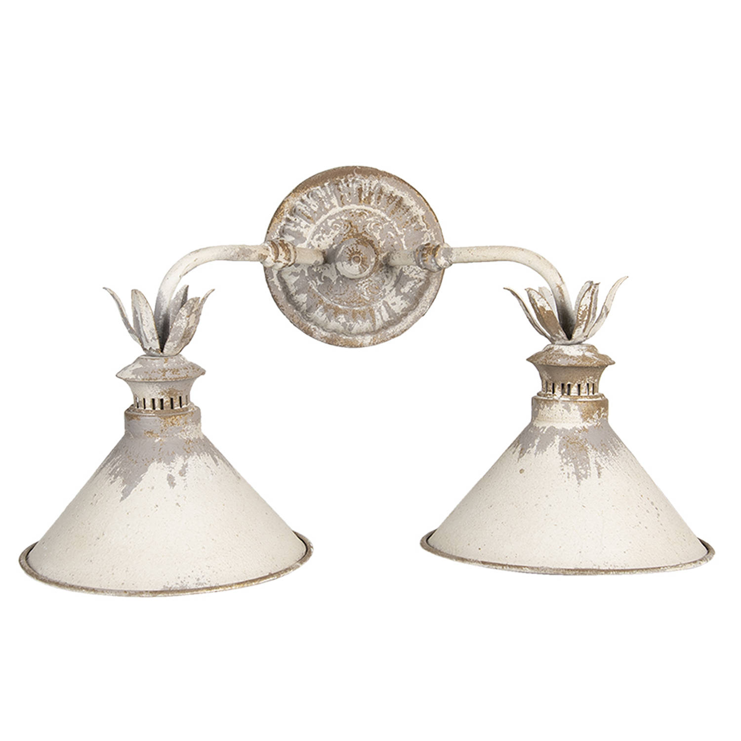 HAES DECO - Wandlamp - Shabby Chic - Dubbele Vintage / Retro Lamp, formaat 56x30x33 cm - Bruin / Wit Metaal - Muurlamp, Sfeerlamp