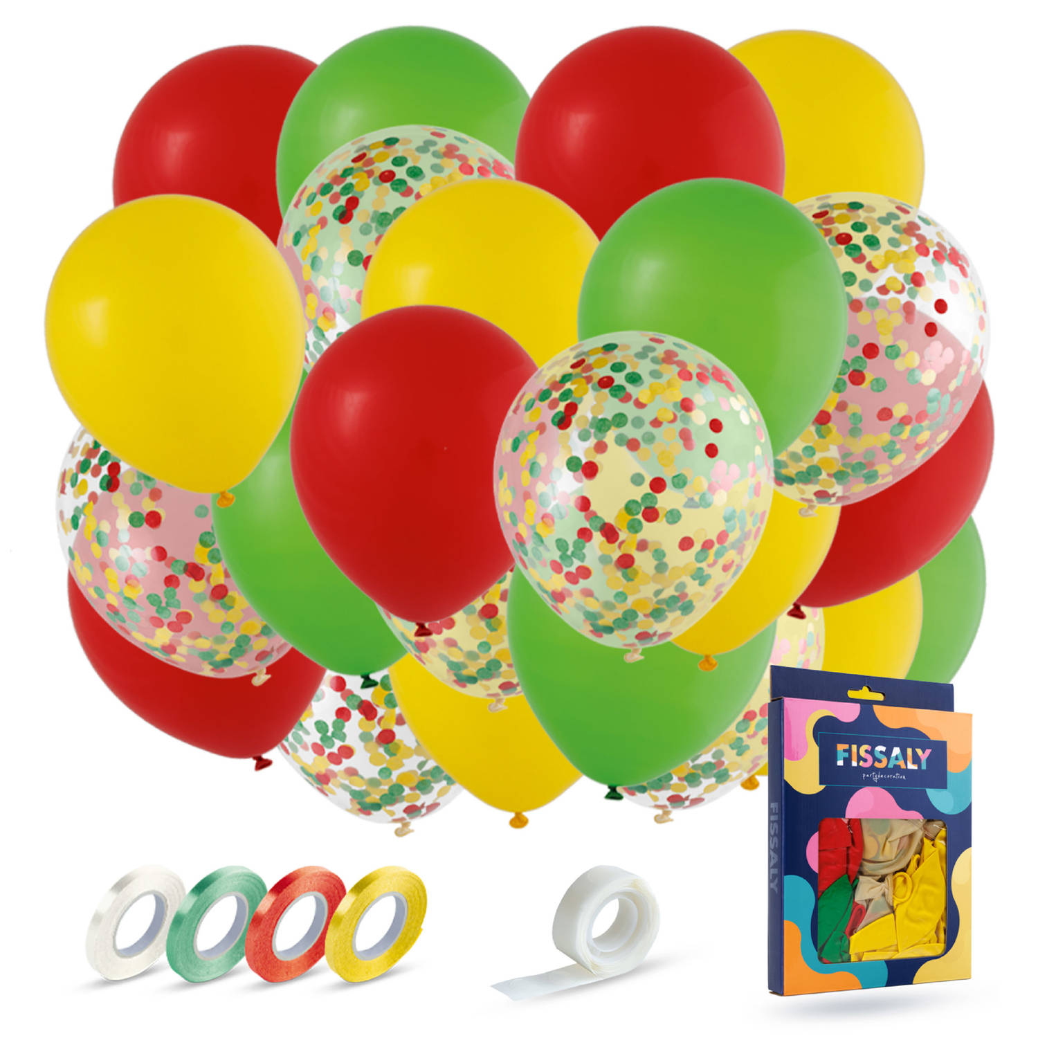 Fissaly® 40 Stuks Rood, Geel & Groen Carnaval Helium Ballonnen met Lint - Versiering Decoratie - Papieren Confetti