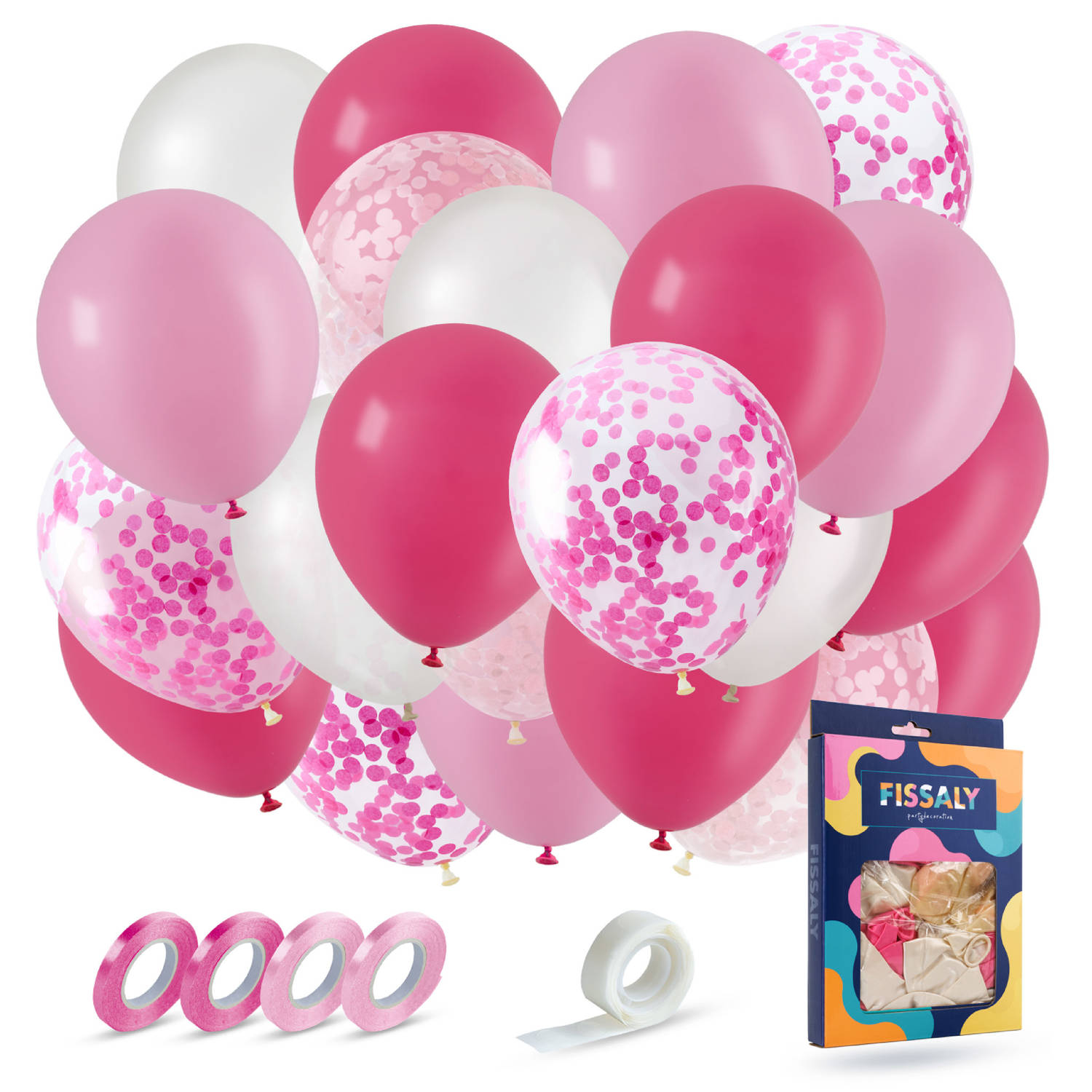 Fissaly® 40 stuks Roze, Wit & Donkerroze Helium Ballonnen met Lint – Verjaardag Versiering Decoratie – Papieren Confetti – Latex
