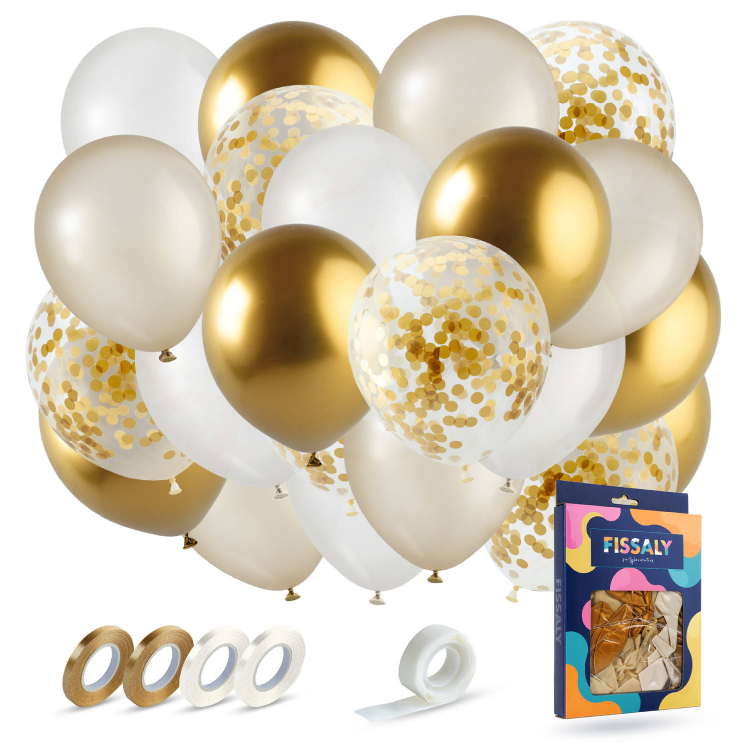 Fissaly® 40 stuks Goud & Wit Helium Ballonnen met Lint - Verjaardag Versiering Decoratie - Papieren Confetti - Latex
