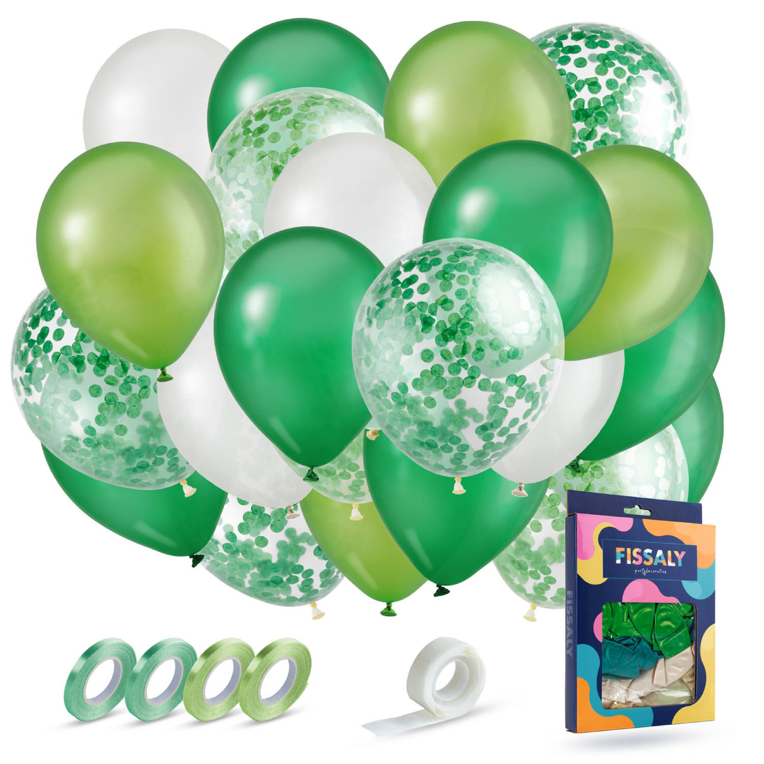 Fissaly® 40 stuks Groen, Wit & Donkergroen Helium Ballonnen met Lint – Verjaardag Versiering Decoratie – Papieren Confetti – Latex