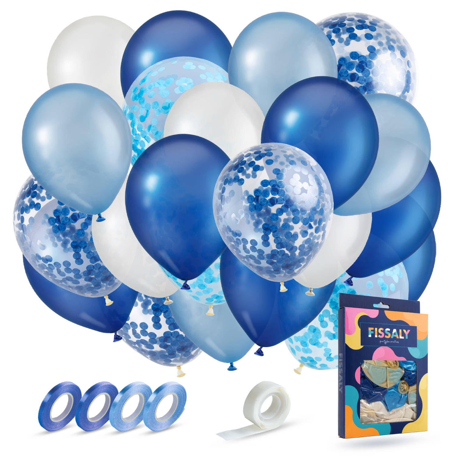 Fissaly® 40 stuks Blauw, Wit & Donkerblauw Helium Ballonnen met Lint - Versiering Decoratie - Papieren Confetti - Latex