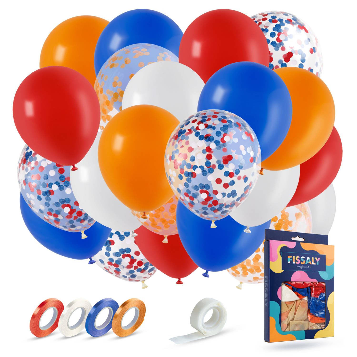 Fissaly® 40 stuks Rood, Wit, Blauw & Oranje Helium Ballonnen met Lint - Koningsdag - Decoratie - Papieren Confetti