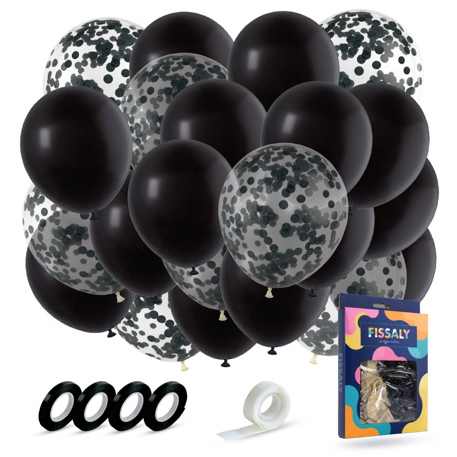 Fissaly® 40 stuks Zwarte Ballonnen met Lint – Verjaardag Versiering Decoratie – Papieren Confetti – Helium - Latex