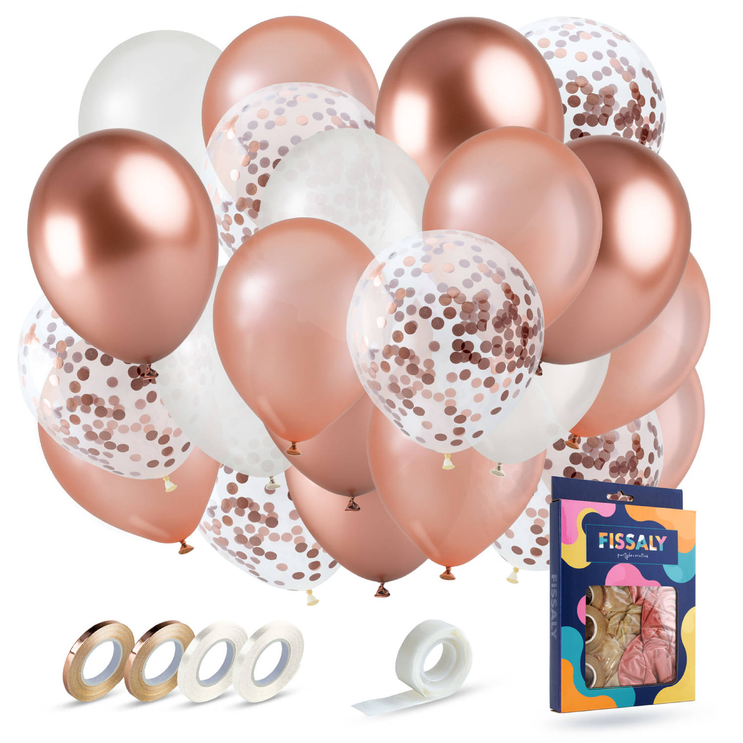 Fissaly® 40 stuks Rose Goud, Wit & Chrome Helium Ballonnen met Lint - Verjaardag Decoratie - Papieren Confetti - Latex