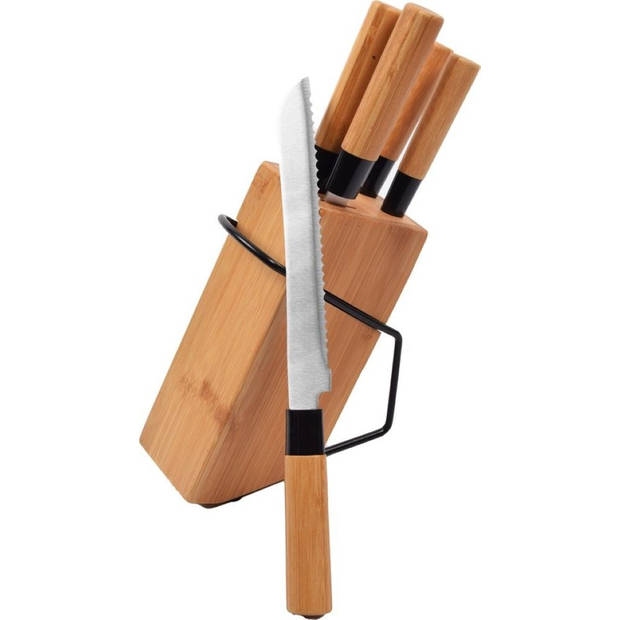 Messenset met blok 5-delig bamboe Messen RVS - koksmes - broodmes -snijmes - schilmes - messenset kopenbamboe