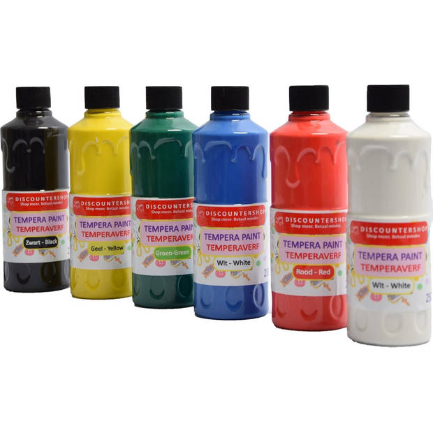 Tempera verf 250 ML - 6 stuks - Blauw - Geel - Groen - Rood - Wit - Zwart - Set van 6x Acrylverf / temperaverf - 6