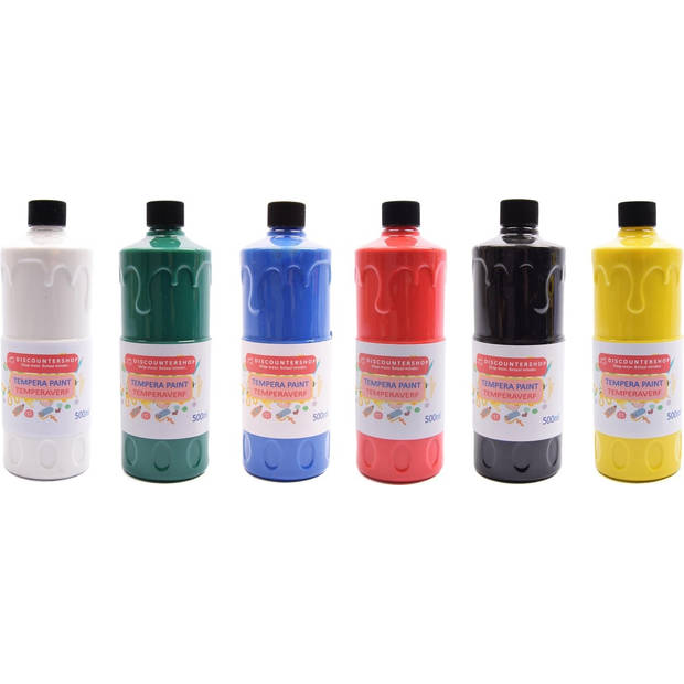 Tempera verf 500 ML - 6 stuks - Blauw - Geel - Groen - Rood - Wit - Zwart - Set van 6x Acrylverf / temperaverf - 6