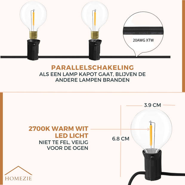 Homezie Lichtsnoer 16 meter met 30 kunststof LED bulbs Warm wit Waterdicht Koppelbaar & Dimbaar
