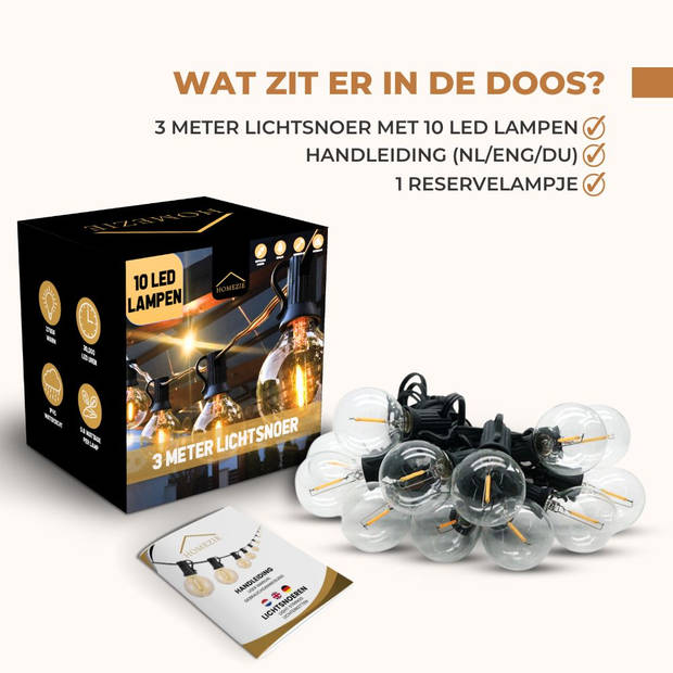 Homezie Lichtsnoer 3 meter Voor binnen & buiten 10 warm witte LED lampjes Lampjes slinger Tuinverlichting