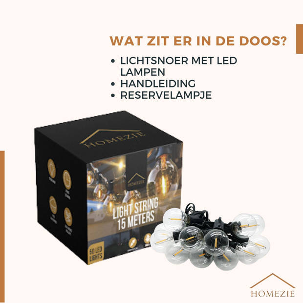 Homezie Lichtsnoer 16 meter met 30 kunststof LED lampjes Waterdicht Dimbaar Warm wit Tuinverlichting