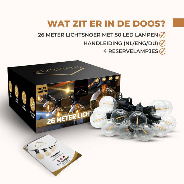 Homezie Lichtsnoer 26 meter met 50 kunststof LED bulbs Warm wit Waterdicht Lampjes slinger Tuinverlichting