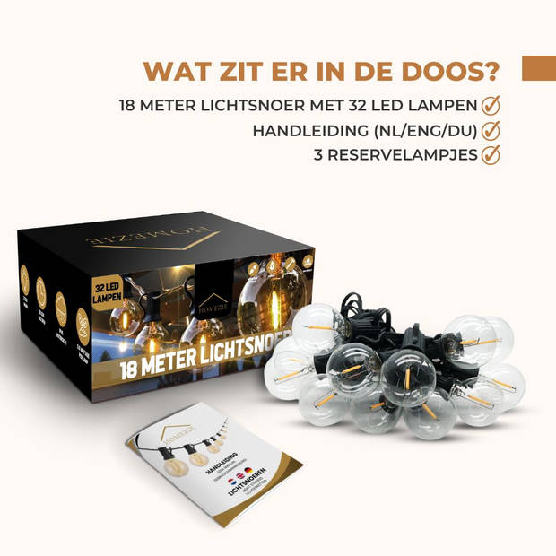 Homezie Lichtsnoer 18 meter met 32 kunststof LED bulbs Warm wit Waterdicht Tuinverlichting