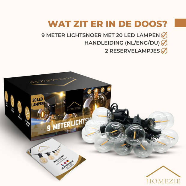 Homezie Lichtsnoer 9 meter met 20 kunststof LED bulbs & 3 meter verlengkabel met dimmer Waterdicht