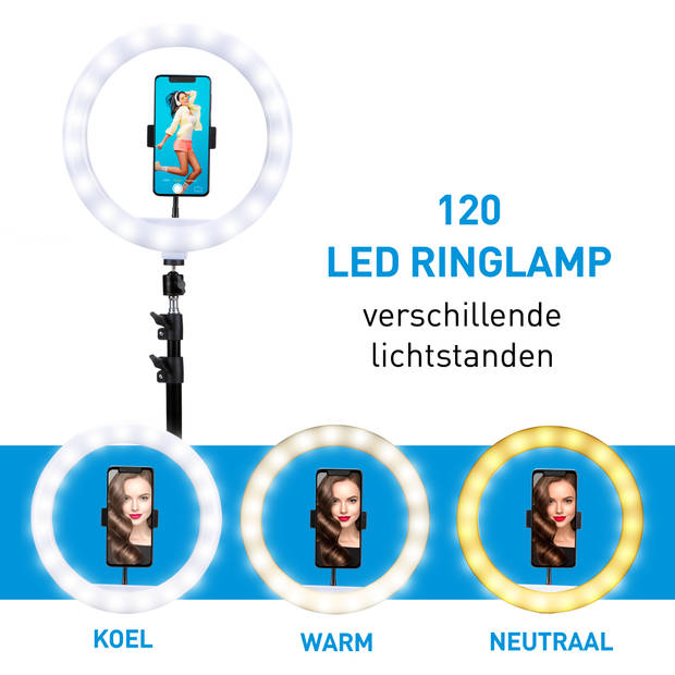 Grundig Ringlamp met Statief - 120 LEDS - 70 - 195 CM - Flexibele Nek - 3 Licht Modi