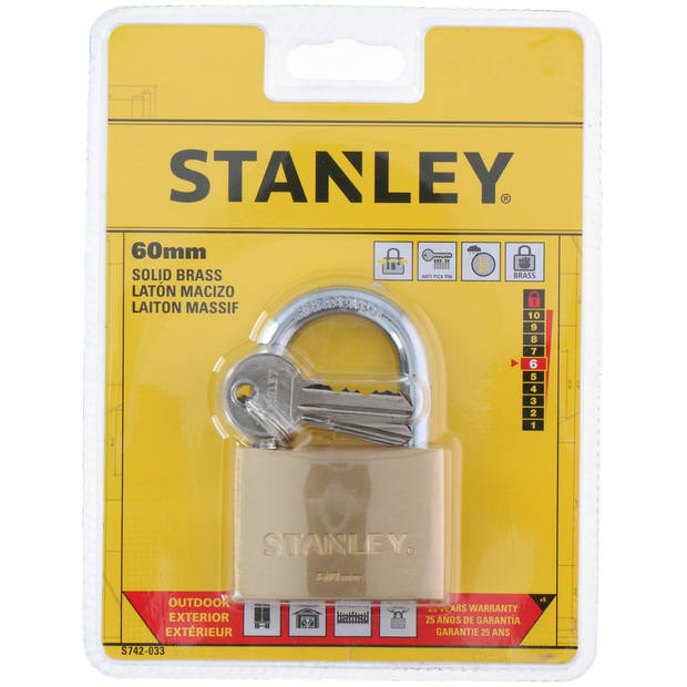 Stanley Hangslot - 60 MM - 2 Sleutels - Massief Messing