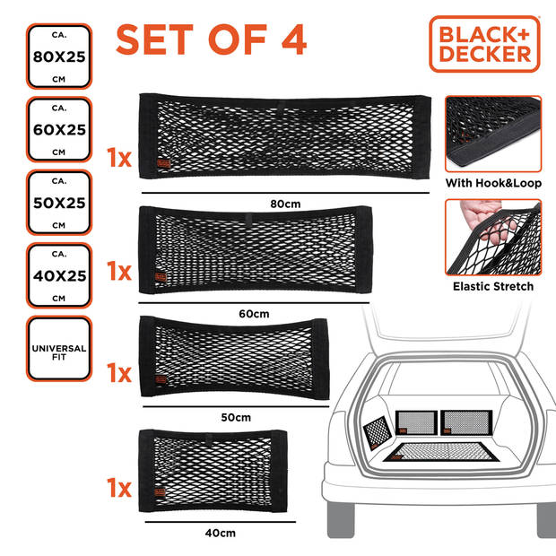 BLACK+DECKER Bagagenet Auto 4 Stuks - Opberging - 4 Verschillende Afmetingen - Zwart