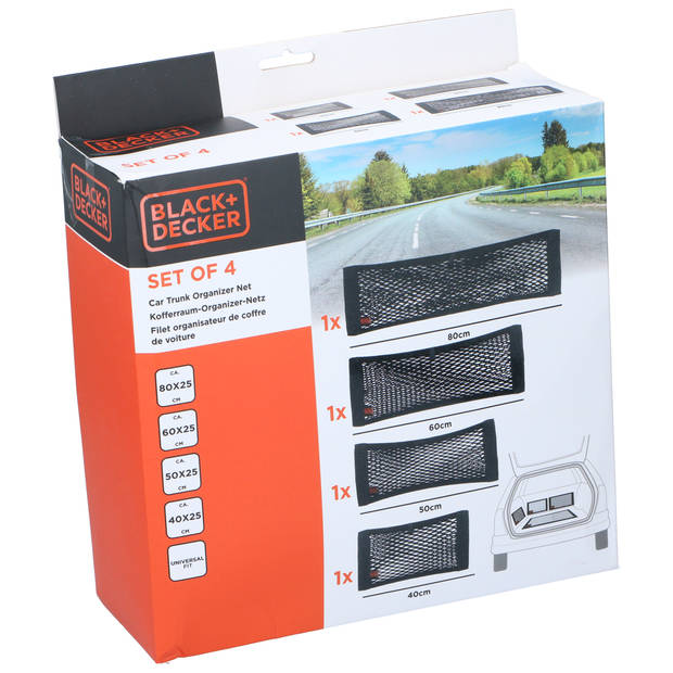 BLACK+DECKER Bagagenet Auto 4 Stuks - Opberging - 4 Verschillende Afmetingen - Zwart