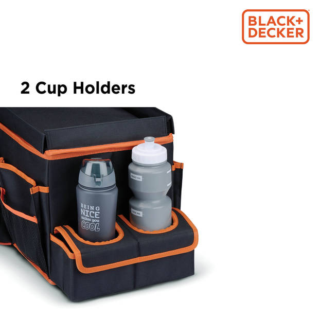 BLACK+DECKER Kofferbak Organizer - 47.5 x 25 x 30 CM - Met Draagriem - Cuphouders - Grijs/ Oranje