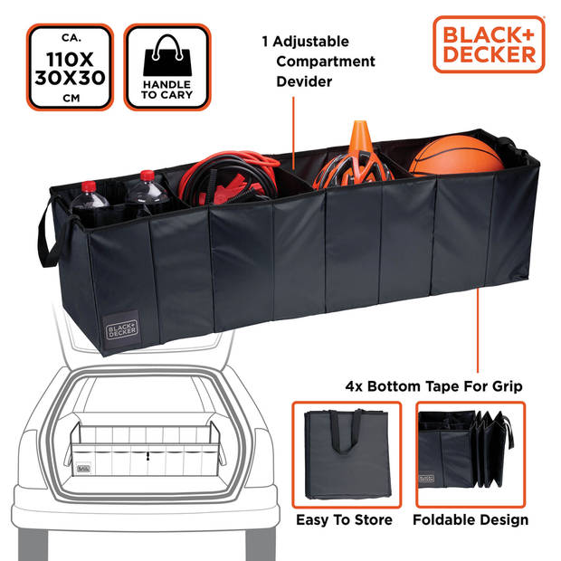 BLACK+DECKER Kofferbak Opbergbox - 110 x 30 x 30 CM - 5 Vakken - Opvouwbaar - Met Handvatten - Zwart