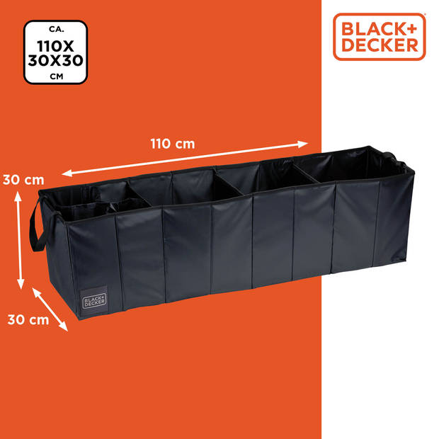 BLACK+DECKER Kofferbak Opbergbox - 110 x 30 x 30 CM - 5 Vakken - Opvouwbaar - Met Handvatten - Zwart