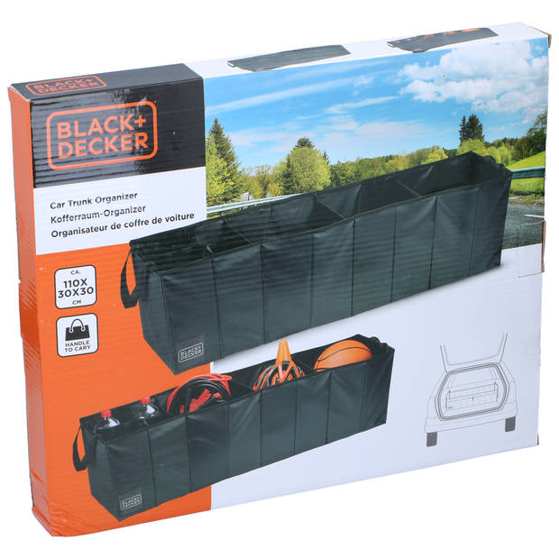 BLACK+DECKER Kofferbak Opbergbox - 110 x 30 x 30 CM - 5 Vakken - Opvouwbaar - Met Handvatten - Zwart