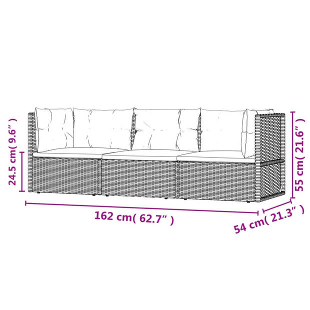 vidaXL 3-delige Loungeset met kussens poly rattan grijs