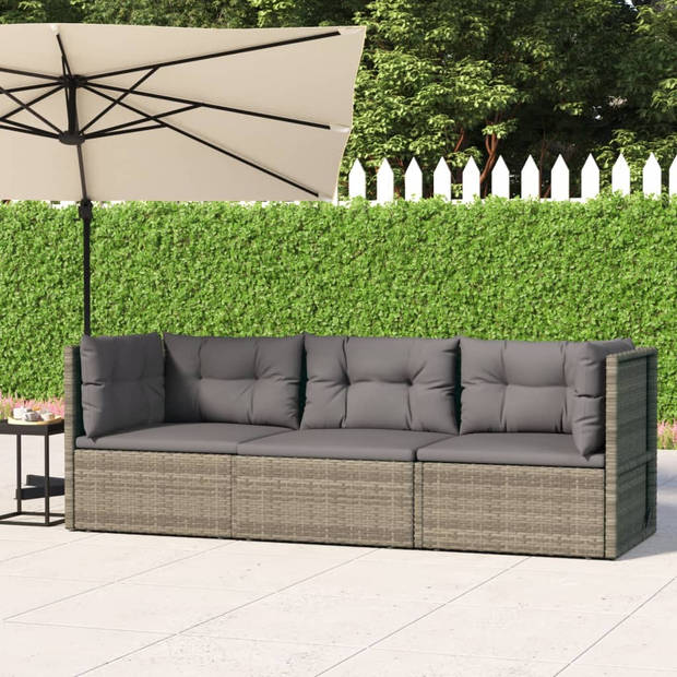 vidaXL 3-delige Loungeset met kussens poly rattan grijs