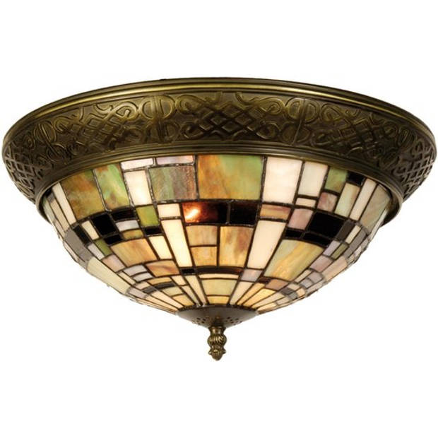 HAES DECO - Plafondlamp Tiffany Groen, Bruin, Beige Ø 38x19 cm E14/max 2x40W