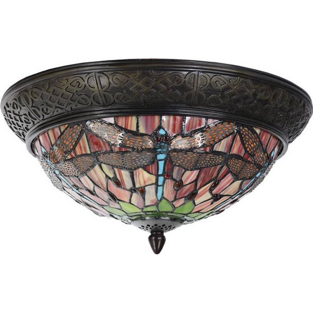 HAES DECO - Plafondlamp Tiffany Rood, Groen Ø 38x19 cm E14/max 2x40W