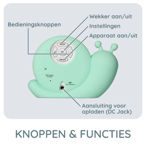 Slaaptrainer, nachtlampje en wekker, slak Alecto Mint Groen