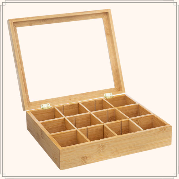 OTIX Theedoos - Theekist - 12 Vaks - Aanpasbaar tot 6 Vaks - Hout - 23x28x7cm - Bamboe