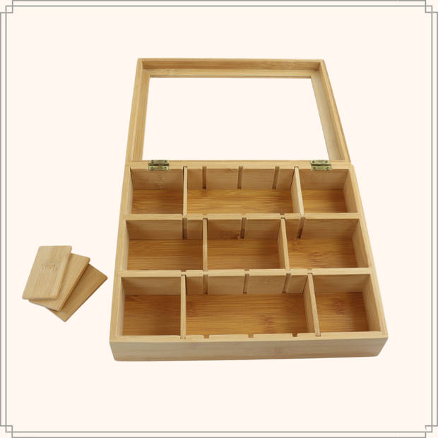 OTIX Theedoos - Theekist - 12 Vaks - Aanpasbaar tot 6 Vaks - Hout - 23x28x7cm - Bamboe