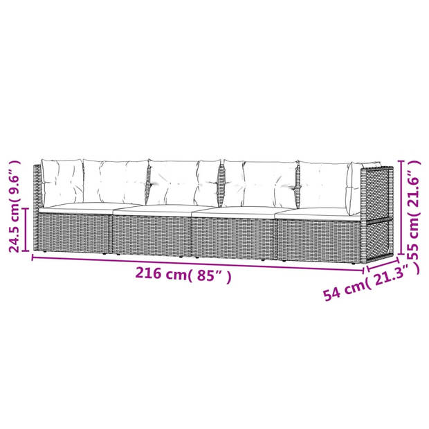 vidaXL 4-delige Loungeset met kussens poly rattan zwart