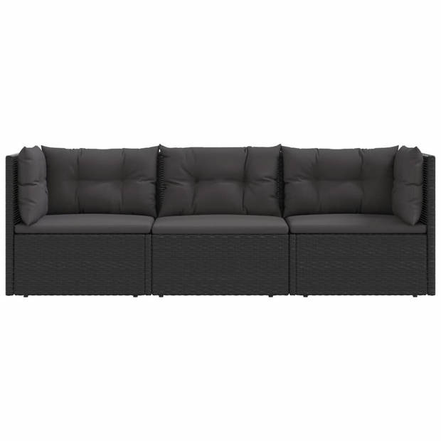 vidaXL 3-delige Loungeset met kussens poly rattan zwart