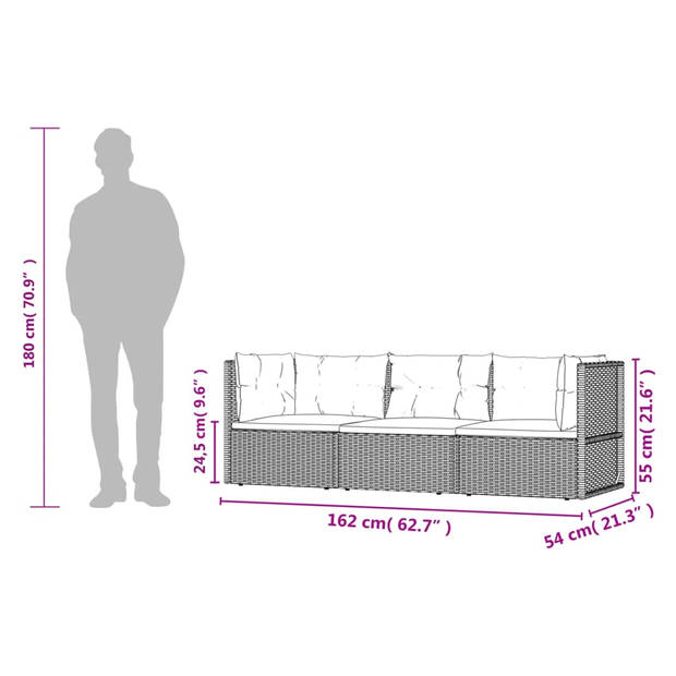 vidaXL 3-delige Loungeset met kussens poly rattan zwart