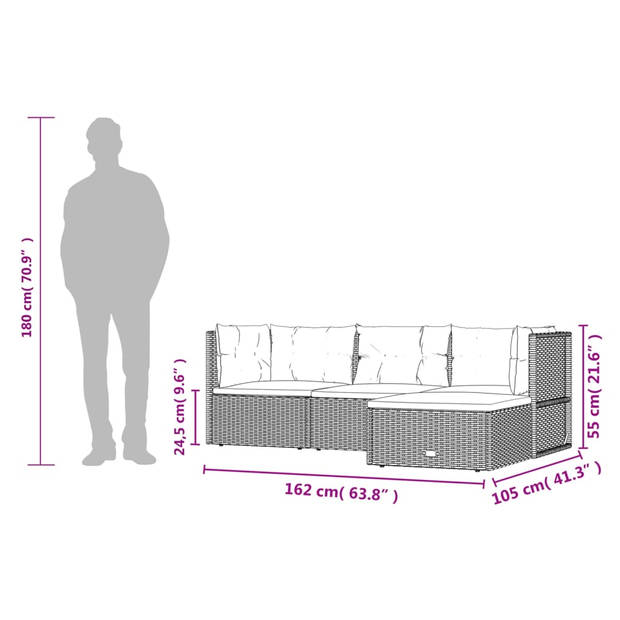 vidaXL 4-delige Loungeset met kussens poly rattan zwart