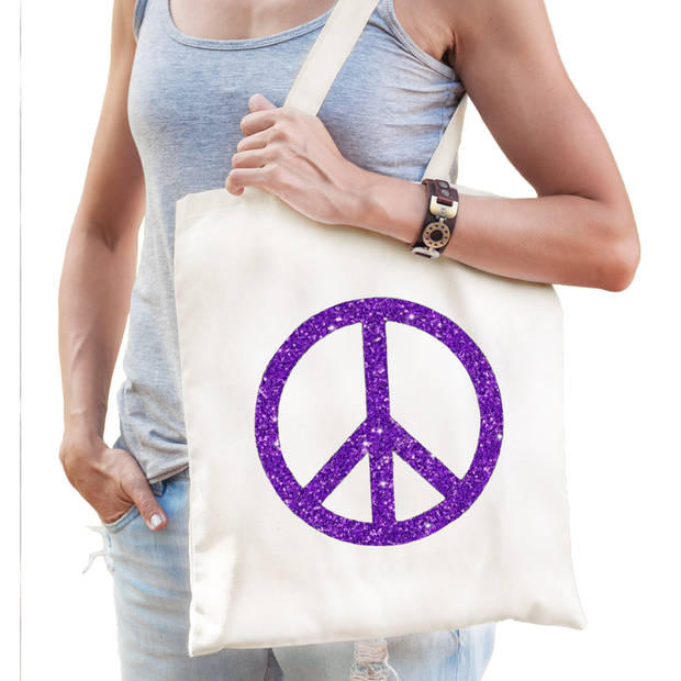 Flower Power katoenen tas met peace teken wit met paarse glitters voor volwassenen - Verkleedtassen