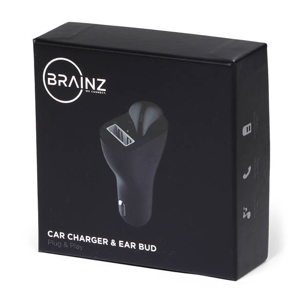 Brainz Auto lader, USB aansluiting en Bluetooth Oordopje - Zwart