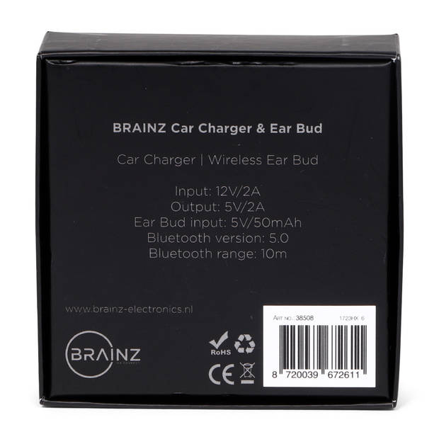 Brainz Auto lader, USB aansluiting en Bluetooth Oordopje - Zwart