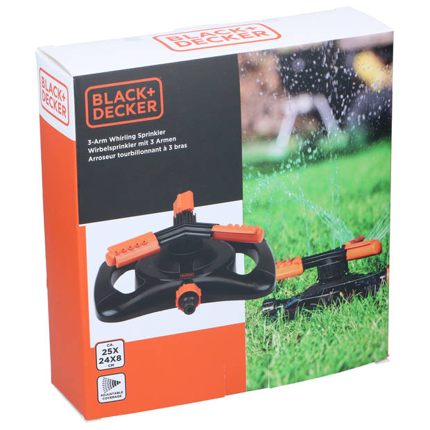BLACK+DECKER Zwenksproeier 3 Armen - 360º Bewatering - 25 x 24 x 8 CM - Tuinslangaansluiting - Zwart/Oranje