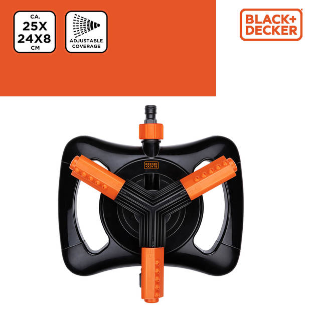 BLACK+DECKER Zwenksproeier 3 Armen - 360º Bewatering - 25 x 24 x 8 CM - Tuinslangaansluiting - Zwart/Oranje