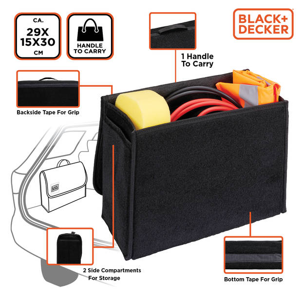 BLACK+DECKER Car Organizer - 29 x 15 x 30 CM - Met Klittenband - Handvat - Zwart