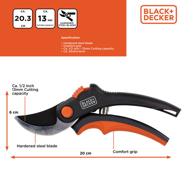 BLACK+DECKER Tuinschaar - Gehard Stalen Bladen - 13 MM - Zwart/ Oranje