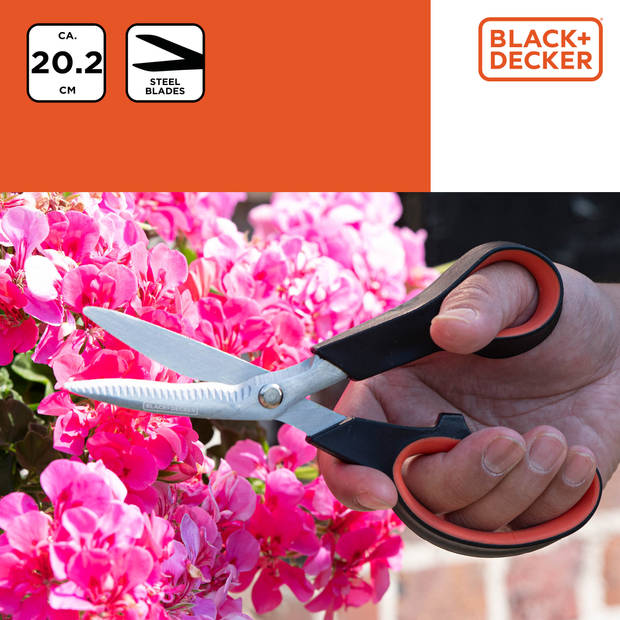 BLACK+DECKER Bloemenschaar - Multifunctionele Tuinschaar - Snijblad van Staal - Zwart/Oranje