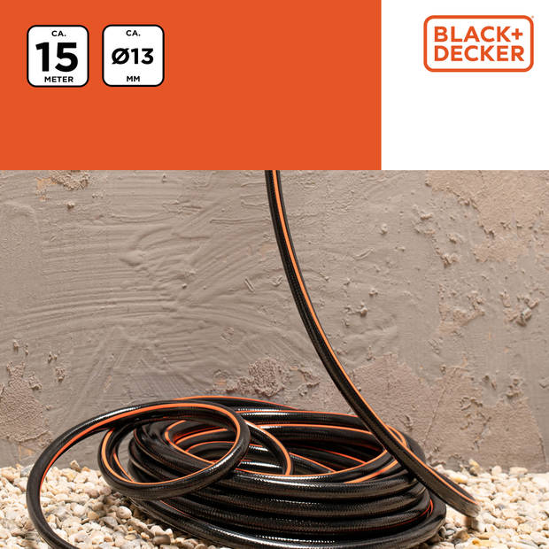 BLACK+DECKER Tuinslang 15 Meter - ?13MM - Duurzaam PVC - Past op Elke Standaard Kraan - Zwart/Oranje
