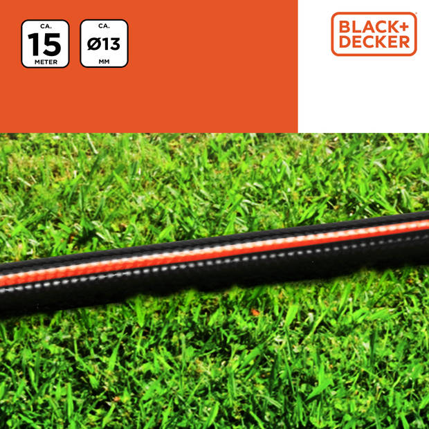 BLACK+DECKER Tuinslang 15 Meter - ?13MM - Duurzaam PVC - Past op Elke Standaard Kraan - Zwart/Oranje