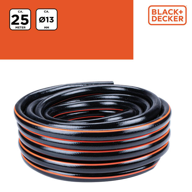 BLACK+DECKER Tuinslang 25 Meter - ?13MM - Duurzaam PVC - Past op Elke Standaard Kraan - Zwart/Oranje